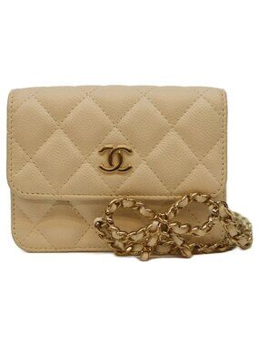 Chanel White Caviar Quilted Ribbon Chain Belt Mini Pouch
